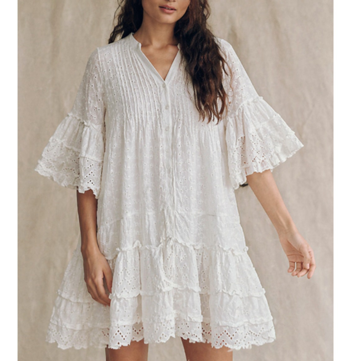 Blanco De Ibiza White Cotton Eyelet Tiered Mini Dress Os Boho Coastal Bridal